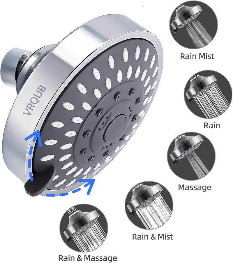 VRQUB High Pressure Fixed Showerheads,5-Mode High Flow Fixed Showerheads,4inch Rain Shower Heads with adjustable Metal Swivel Ball Jiont - Image 5